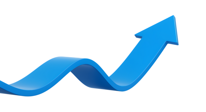 A vibrant blue upward arrow graphic glossy and three dimensional on transparent background.