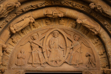 Maiestas enthroned with a seraph and a cherub holding the mandorla,, Church of Santa Maria de Covet, 12th century Romanesque parish church, Pallars Jussà, Lleida, Catalonia, Spain