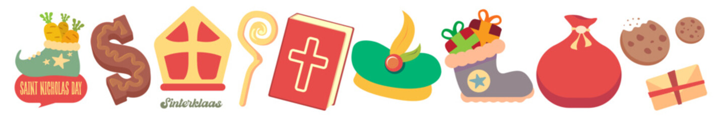 Sinterklaas and Saint Nicholas Day icons set vector illustration, traditional Dutch and Belgian holiday symbols, creative graphic art for greeting cards, invitations, and cultural event decorations