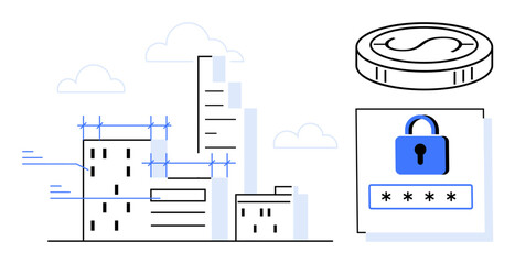 Fototapeta premium Skyscrapers under construction with scaffolding next to a coin and a password entry screen with a lock. Ideal for fintech, cybersecurity, urban growth, digital economy, innovation, privacy, modern