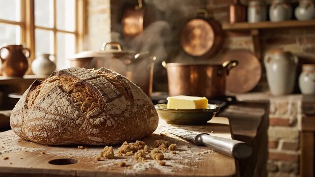 Rustic kitchen with freshly baked bread, cozy autumn morning ambiance, vintage copper pots and farmhouse decor