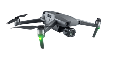 Gray drone with camera isolated on transparent background