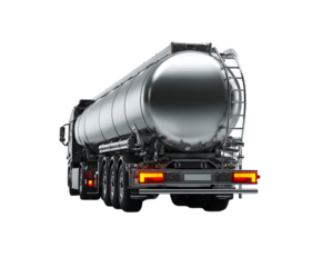Rear angle view of a shiny tanker truck isolated on transparent background