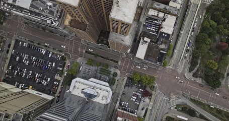Pittsburgh Pennsylvania Aerial v114 vertical rising flyover Grant St in downtown capturing buildings and streets covered in a thick layer of fog - Shot with Mavic 3 Pro Cine - Sept 25th 2023 - Powered by Adobe