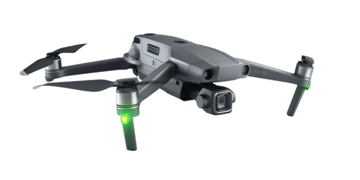 Gray drone with camera isolated on transparent background