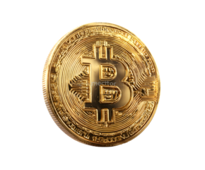 Golden bitcoin coin isolated on transparent background, showcasing digital currency