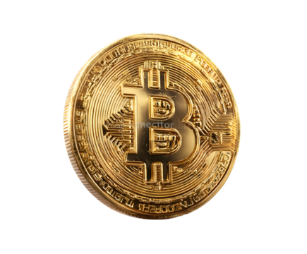 Golden bitcoin coin isolated on transparent background, showcasing digital currency