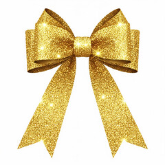 A shimmering golden gift bow with textured fabric and trailing ribbons isolated on white background