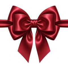 A lustrous deep red satin ribbon tied into a classic bow with flowing tails isolated on white background