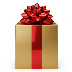 A simple brown cardboard gift box tied with a shiny red ribbon and a large red bow isolated on white background