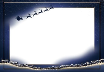 Magical Santa Sleigh and Reindeer Christmas Card Template with Snowy Village Night Sky - Vector Holiday Greeting Frame Illustration
