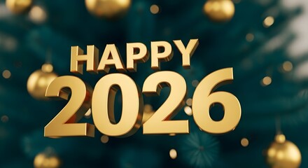 Golden happy 2026 text overlay on festive christmas tree background