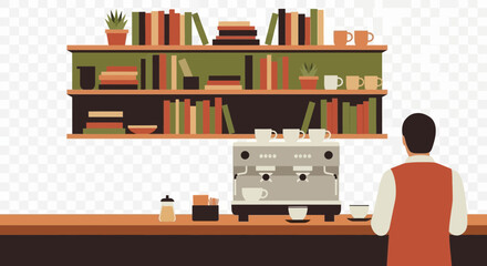 Barista stands at counter with coffee machine and shelves of books.