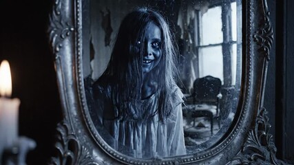 Creepy reflection in antique mirror, unsettling horror atmosphere with candlelight, Halloween spooky vibe in dimly lit room