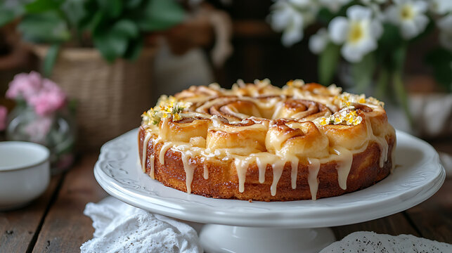 Decorative cinnamon roll cake with glaze and edible flowers on a cake stand in rustic setting - Powered by Adobe