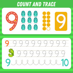 Count and trace number nine. Tracing worksheet wiht cute monster for kids. Math for preschool kids. Handwriting practice. Learning numbers, activity page. Vector illustration