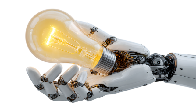 Robot hand holding a light bulb isolated on transparent background