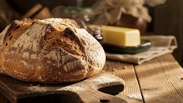Rustic bread on wooden table, cozy kitchen setting with soft lighting, homemade baking during autumn evenings