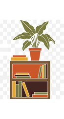Bookshelf with potted plant and colorful books.