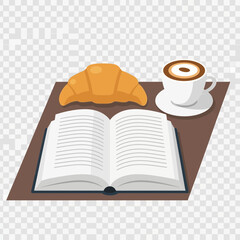 Open book with croissant and coffee cup on a table.