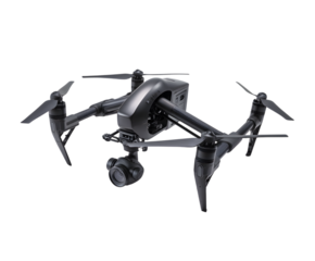 Black drone with camera isolated on transparent background is ready for flight