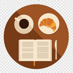 Coffee cup, croissant, open book, and knife on a table.