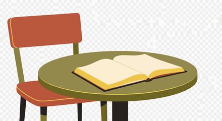 An open book rests on a round table next to a chair.