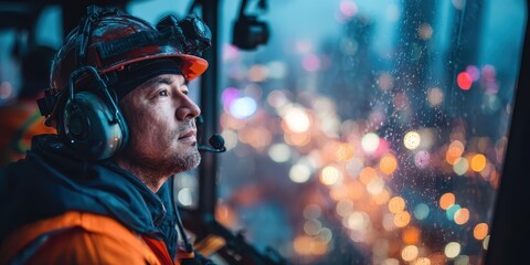 Fototapeta premium Intense portrait of a determined worker wearing protective gear and headset in front of an out-of-focus cityscape, showcasing safety and focus