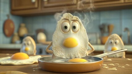 A frightened fried egg floats above a sizzling pan in a humorous kitchen scene. - Powered by Adobe