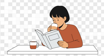 Person drinking from cup while reading an open book.