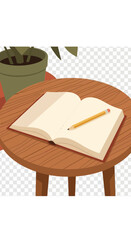 Open book with pencil on a wooden table next to a potted plant.
