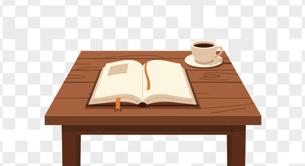 Open book and coffee cup on a wooden table.