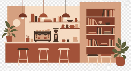 Cafe interior with coffee machine, books, and seating.