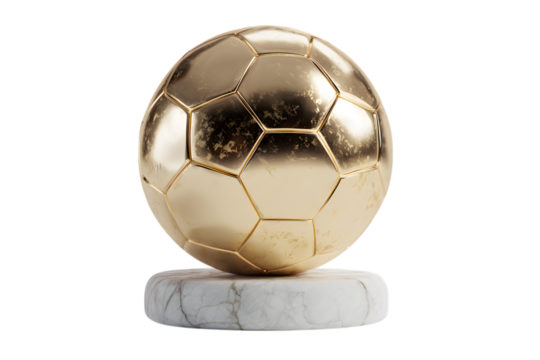 Golden soccer ball trophy on marble base isolated on transparent background for winner