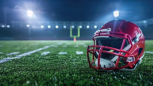 A red American football helmet rests on a green turf field. Bright stadium lights illuminate the background, creating a dramatic sports atmosphere. - Powered by Adobe