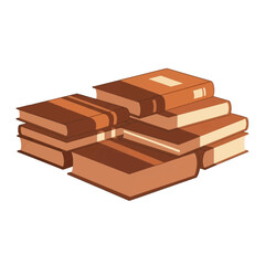 Stack of open and closed books with brown covers and light pages.