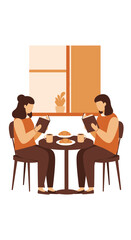 Two people reading books at a table with coffee and croissants.