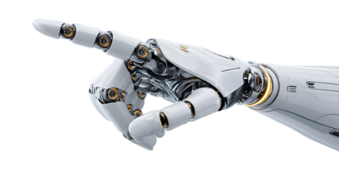Robotic hand pointing isolated on transparent background, showcasing advanced technology
