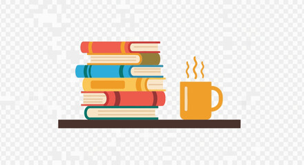 Stack of books next to a steaming mug on a shelf.