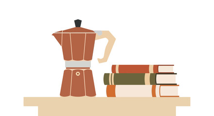 Coffee pot and stack of books on a table.