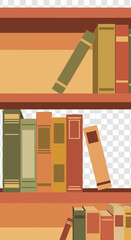 Books are arranged on shelves in a warm color palette.