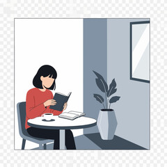 Woman reading a book and drinking coffee at a table.