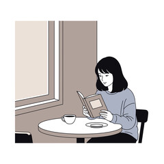 Woman reading book at table with coffee and plate.