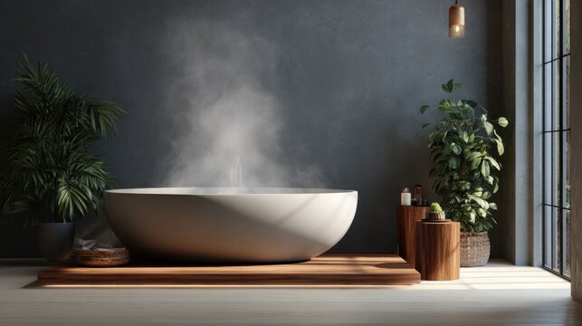 Luxurious spa bathroom with modern oval bathtub and indoor plants