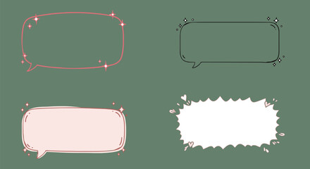 Obraz premium Set of cute hand-drawn speech bubbles and comic text balloons with sparkles and hearts. Girly doodle style vector illustration for messages