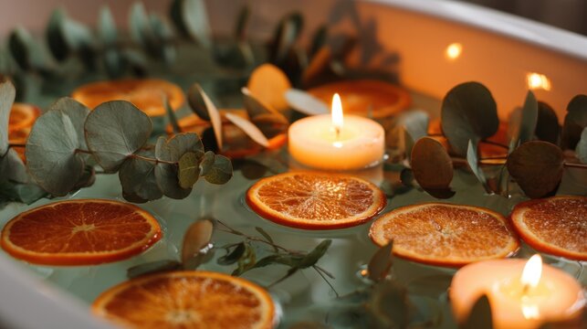 Relaxing spa bath with floating orange slices, candles, and eucalyptus leaves for self care,Bathtub Party Day