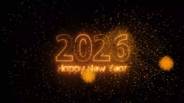 Happy New Year 2026 Celebration 4k video with Fireworks, snowfall and lighting sparkle,  Animated midnight happy new year 2026 Social Media Wishes, Greetings, firecracker new year's eve.