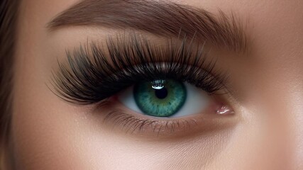A close-up view showcases an enchanting eye featuring stunning blue-green hues and full, elegant lashes. The natural light enhances its mesmerizing details, highlighting beauty - Powered by Adobe