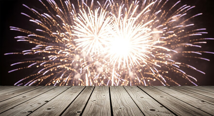 Obraz premium Bright firework explosion over wooden deck at night