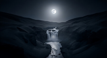 Full Moon Illumination of a Waterfall and Valley Drone Night Shot